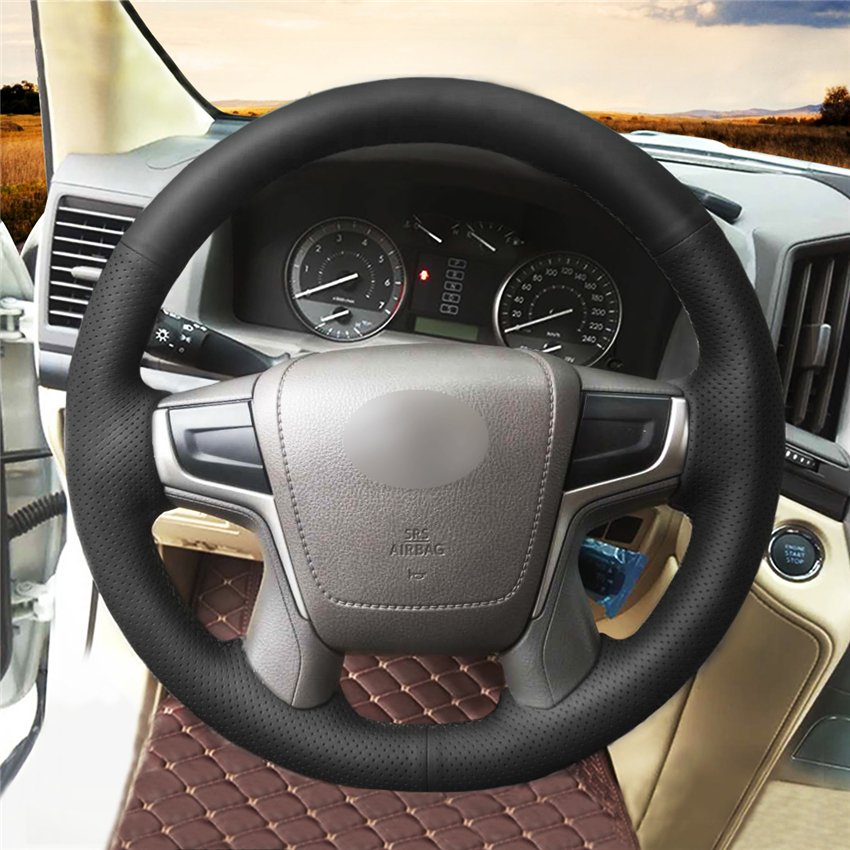 Loncky Auto Dark Gray Genuine Leather Custom Fit Steering Wheel Covers for Toyota Land Cruiser